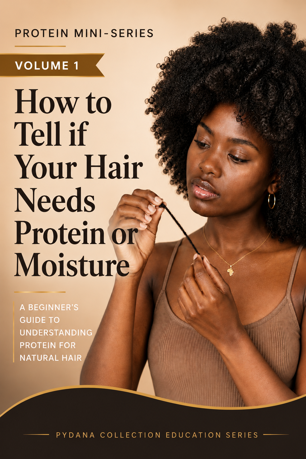 How to tell if your natural hair needs protein moisture balance guide featuring a woman checking hair for elasticity, protein overload and breakage.
