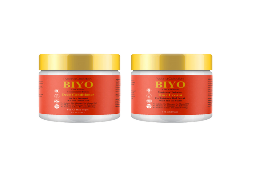 two jars of pydana collection 8 ounce jars one jar is Biyo deep conditioner and the other jar is Biyo Hair Cream